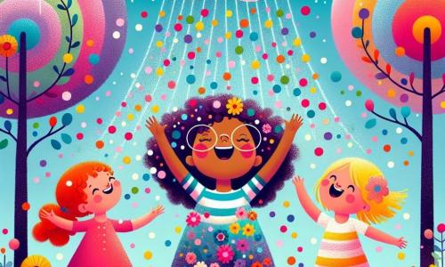Trois amies joyeuses se trouvent dans un jardin enchanté. Lila, 8 ans, danse au centre, entourée de confettis brillants. À sa gauche, Mia, 9 ans, rit en levant les bras pour attraper les confettis. À droite, Zoé, 7 ans, essaie de donner des câlins aux confettis qui tombent. Le jardin est rempli de fleurs multicolores et de grands arbres scintillants, avec un petit nuage souriant au-dessus d'elles. Les trois amies viennent de manger des bonbons magiques, et une pluie de confettis éclatants tombe du ciel, créant une ambiance joyeuse.