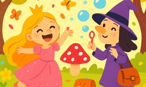 Une princesse joyeuse, avec de longs cheveux dorés et une robe rose scintillante, danse dans un jardin magique rempli de fleurs multicolores. Elle rit, les yeux brillants de bonheur. À ses côtés, une sorcière drôle, avec un grand chapeau violet, souffle des bulles de savon. Le jardin est enchanté, avec des arbres aux troncs tordus et des feuilles dorées. Des papillons volent autour, et un champignon rouge à pois blancs se dresse au centre. La scène montre la princesse et la sorcière riant ensemble, entourées de bulles et de pétales de fleurs, créant une atmosphère magique.