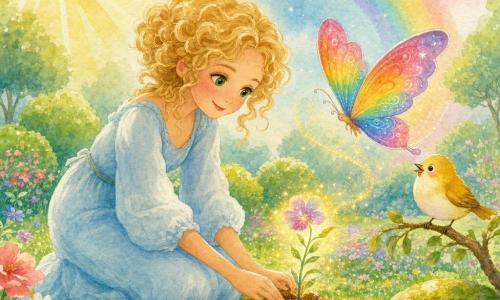 Femme aux cheveux blonds bouclés, robe bleu pâle, sourire tendre, plante délicatement une petite fleur magique qui scintille; un papillon aux ailes arc‑en‑ciel vole autour tandis qu'un petit oiseau jaune perché chante dans un jardin enchanteur de pelouse verte, fleurs multicolores, pierres moussues et ciel pastel baignés de soleil doré.