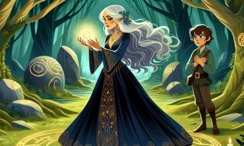 Seraphina, une mage d'une trentaine d'années, se tient au centre d'une clairière, ses longs cheveux argentés flottant dans le vent. Elle porte une robe en velours bleu nuit ornée de motifs dorés, et son visage exprime une détermination lumineuse, éclairé par la Perle de Lumière qu'elle tient dans ses mains. À ses côtés, Eldrin, un garçon de douze ans aux cheveux bruns en désordre, admire la Perle avec émerveillement. La clairière, entourée d'arbres majestueux, est illuminée par le soleil, créant des motifs de lumière sur le sol. Des pierres gravées de runes forment un cercle autour du piédestal de pierre où repose la Perle. Seraphina vient de réussir les épreuves pour retrouver cet artefact magique, symbole d'espoir et de protection pour leur royaume, et elle et Eldrin sont prêts à ramener la paix à leur cité.