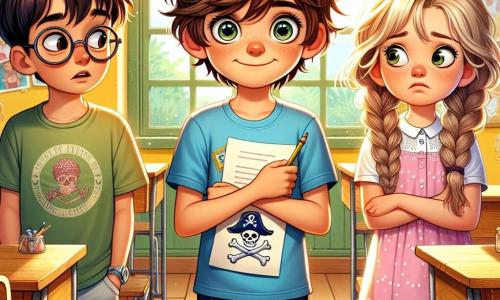 Un garçon de 10 ans, Louis, se tient au centre de l'image, avec des cheveux bruns en désordre et un sourire timide. Il porte un t-shirt bleu avec un dessin de pirate et un short en jean, tenant une lettre, l'air nerveux mais déterminé à avouer son mensonge à ses amis. À sa droite, Clara, une fille de 10 ans aux cheveux blonds tressés, porte une robe rose à pois blancs et regarde Louis avec inquiétude. À sa gauche, Maxime, également âgé de 10 ans, a des lunettes rondes et croise les bras, l'air perplexe. La scène se déroule dans une salle de classe ensoleillée, avec des murs jaunes et des posters colorés. Louis est prêt à avouer son mensonge sur la chasse au trésor, tandis que ses amis expriment surprise et attente, créant une atmosphère chargée d'émotion.
