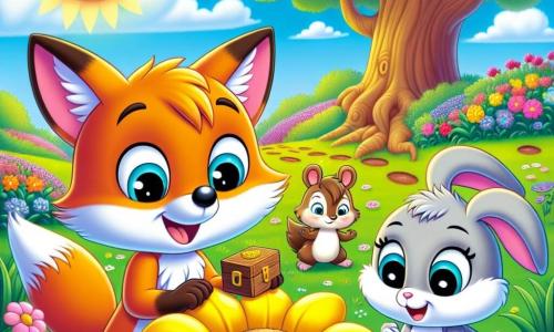 Félix le renard, un renard orange vif aux yeux curieux, est accroupi près d'une grande fleur jaune sous le soleil, souriant et tenant une petite boîte en bois. À côté, Léa la lapine, avec ses grandes oreilles blanches, admire la fleur avec surprise. Tom le hérisson, déterminé, examine des empreintes au sol, prêt à aider. Le décor est un jardin coloré avec des fleurs roses, violettes et bleues, sous un ciel bleu clair. Au fond, un vieux chêne majestueux offre de l'ombre. Les trois amis découvrent un trésor caché sous la fleur, dans une atmosphère d'excitation et de mystère.