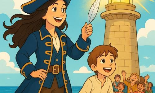 Au sommet d'un phare ancien, Sélène, une femme pirate, se tient fièrement avec ses cheveux flottant au vent. Elle porte un manteau bleu marine et un chapeau à large bord, affichant une détermination et une joie éclatantes. Dans sa main, elle tient une plume d'argent, symbole d'espoir, tout en scrutant l'horizon. À ses côtés, Léo, un garçon de 10 ans aux cheveux châtains, admire la lumière du phare, souriant avec admiration. En arrière-plan, des villageois, dont des enfants joyeux, applaudissent et chantent sur un quai en bois, entourés de fleurs et de rochers, tandis que la mer scintille à l'horizon. La scène capture le moment où Sélène pose la plume d'argent sur le phare, illuminant l'île d'Isola Brillante d'espoir et de lumière.