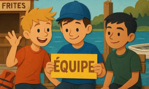 Trois garçons de 12 ans sur un vieux banc en bois au bord d’une rivière : Léo, casquette de travers et sourire timide, colle une grande feuille d’autocollants jaune «ÉQUIPE» sur le dossier ; Max, cheveux blonds en bataille, se penche à gauche en mimant un «coin coin» avec enthousiasme ; Yanis, cheveux courts noirs, à droite, observe en retenant un rire. Petit embarcadère usé avec kiosque «Frites», mouette perchée, panneau penché «Traversée en barque» et gilets rouges empilés ; ambiance joyeuse, couleurs chaudes, textures papier découpé, arrière-plan rivière calme et barque amarrée.
