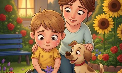 Garçon de 6 ans au visage rond, cheveux châtain clair courts, grands yeux brillants, expression triste mais pleine d'espoir (larmes séchées, petit sourire timide), accroupi en train de planter une petite fleur violette avec des mains potelées, jean et t-shirt jaune taché de terre ; la mère (~30 ans) aux cheveux bruns attachés en chignon, regard doux et un peu fatigué, mains sur ses épaules, debout derrière lui et souriant avec compassion ; petit chien Léon beige à la queue battante, assis à côté, museau sale et patte tendue ; coccinelle rouge à pois noirs sur une feuille près de la fleur ; jardin familial au crépuscule avec pelouse verte, massifs de fleurs vives (roses, tournesols, violettes), petit banc en bois bleu et maison en arrière-plan à la fenêtre éclairée ; moment intime et doux : il plante la fleur en mémoire d’une voisine disparue, ambiance chaude mais mélancolique, lumière dorée tamisée, composition centrée sur les mains qui plantent et les visages tournés l’un vers l’autre.