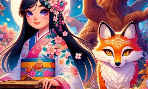 Au centre de l'image, Ayame, une femme d'une trentaine d'années, sourit avec douceur et détermination. Elle a de longs cheveux noirs ornés de fleurs de cerisier et porte un kimono traditionnel aux motifs floraux. Ses yeux brillent d'émerveillement en regardant un grand cerisier en fleurs devant elle. À côté d'elle, un vieil esprit renard, aux yeux dorés et au pelage brillant, est assis sur une pierre, affichant une expression sage. Le jardin enchanteur est baigné de lumière douce, avec des fleurs colorées dansant au vent. Ayame déterre une boîte en bois ornée de motifs célestes, tandis que le renard l'observe avec fierté, symbolisant le début d'une aventure extraordinaire.