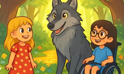 Il y a trois personnages : Élise, une fille de 10 ans aux cheveux blonds et à la robe rouge à pois blancs, souriante et pleine d'énergie à gauche ; Chloé, également âgée de 10 ans, avec des cheveux bruns et des lunettes rondes, assise dans son fauteuil roulant magique à droite, au regard déterminé ; et un grand loup gris au centre, sage et parlant aux filles. La scène se déroule dans une clairière enchantée de la Forêt des Murmures, entourée d'arbres majestueux et de fleurs colorées. Élise et Chloé écoutent émerveillées le Loup, tandis que le soleil filtre à travers les branches, créant une ambiance magique.