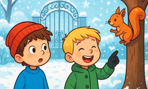 Il y a deux personnages principaux : Tom, un garçon de 7 ans aux cheveux bruns en bataille, portant un pull bleu vif et un bonnet rouge, à gauche, émerveillé par le jardin enneigé ; et Hugo, également âgé de 7 ans, avec des cheveux blonds et des joues roses, vêtu d'un manteau vert et de gants noirs, à droite, riant en désignant un écureuil grimpant à un arbre. L'action se déroule dans un jardin d'hiver magique, couvert de neige scintillante, avec des arbres aux branches gelées brillantes et un vieux portail métallique en arrière-plan. Tom et Hugo explorent leur jardin, laissant des traces dans la neige fraîche, tandis qu'un écureuil les observe, leurs visages rayonnant de joie et d'excitation.