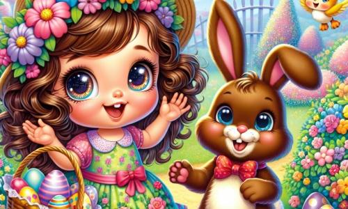 Au centre de l'image, Lila, une petite fille de 4 ans aux grands yeux et cheveux bouclés châtains, sourit émerveillée, accroupie avec un panier en osier rempli d'œufs de Pâques multicolores. À côté d'elle, un lapin en chocolat nommé Chocolat, amical et portant un nœud papillon rouge, la regarde avec complicité. Un petit oiseau jaune, Piou, vole joyeusement au-dessus d'eux. Le décor est un jardin magique avec des fleurs éclatantes, des arbres en bonbons et des rayons de soleil. Lila, Chocolat et Piou se préparent à une chasse aux œufs de Pâques, entourés de rires et de joie.