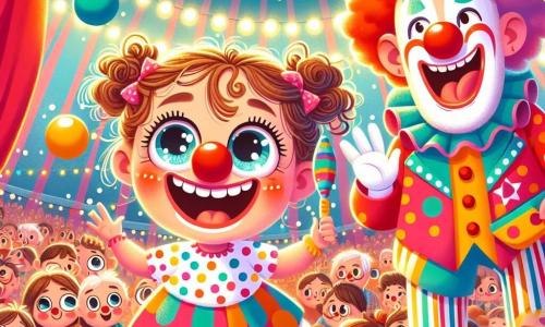 Une petite fille de 4 ans, Lily, avec de grands yeux et des cheveux bouclés, porte une robe à pois. Elle rit en tenant un nez de clown et prête à jongler avec des balles multicolores. À ses côtés, Bobo, un clown d'environ 30 ans au visage peint en blanc et au grand nez rouge, jongle en faisant des grimaces. Ils sont au centre d'un chapiteau de cirque décoré, entourés de spectateurs émerveillés. Lily, joyeuse, essaie de jongler sous le regard amusé de Bobo, tandis qu'un seau d'eau est renversé à côté d'eux, ajoutant une touche comique à ce moment.