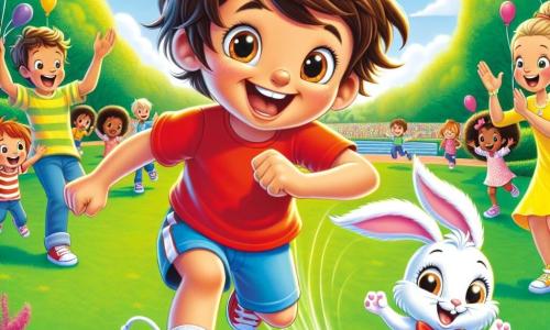 Lucas, un petit garçon de 4 ans avec des cheveux bruns en bataille et un grand sourire, court sur une pelouse verte, les bras ouverts comme s'il volait. Il porte un t-shirt rouge et un short bleu, ses yeux brillants d'excitation. À ses côtés, Floppy, un petit lapin magique à la fourrure blanche, saute joyeusement. En arrière-plan, des enfants, dont une fillette de 5 ans avec des nattes et une robe jaune, applaudissent et sourient pour encourager Lucas. Le parc ensoleillé est rempli de fleurs colorées, d'arbres verdoyants et de ballons dans le ciel bleu. La scène illustre la joie du sport et de l'amitié lors d'une compétition d'athlétisme.