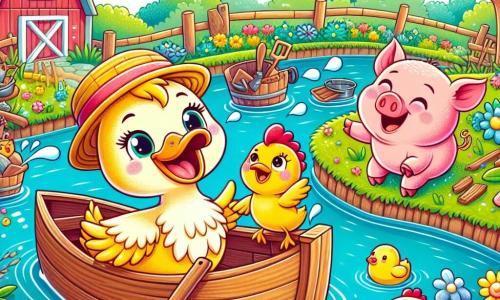 Un canard nommé Coco, avec un plumage jaune et un chapeau de paille, nage dans un étang avec un sourire curieux. À ses côtés, une poule rousse nommée Cléa chante en battant des ailes, tandis qu'un cochon rose nommé Pipo rit sur la berge. En arrière-plan, un jardin de ferme coloré avec des fleurs, des outils en bois et une grange rouge se trouve sous un ciel bleu. La scène montre Coco et ses amis s'amusant autour de leur bateau fait maison, créant des éclaboussures joyeuses.