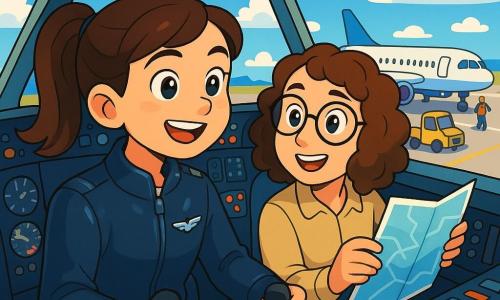 Une jeune femme pilote, Anna, est assise dans le cockpit d'un avion, les yeux brillants d'excitation. Elle porte une veste bleu nuit avec un badge scintillant. Ses cheveux bruns sont en queue de cheval, et elle sourit, prête à décoller. À ses côtés, Léa, sa copilote d'environ 30 ans avec des lunettes rondes et des cheveux châtains bouclés, consulte une carte de vol, concentrée et enthousiaste. Le cockpit est rempli de boutons colorés et d'instruments lumineux, avec une vue spectaculaire sur le ciel. Anna et Léa préparent le vol, vérifiant les instruments et échangeant des sourires complices, prêtes à s'envoler vers de nouvelles destinations.