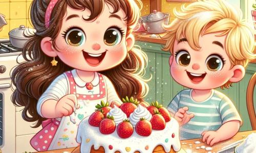Céline, une petite fille de 4 ans aux grands yeux pétillants et aux cheveux bruns bouclés, se tient dans une cuisine en désordre pleine de farine et de paillettes. Avec un grand sourire, elle tient un gâteau décoré de crème chantilly et de fraises. À ses côtés, son petit frère Tom, âgé de 2 ans, aux cheveux blonds et joues rondes, admire le gâteau, les mains pleines de farine. La cuisine, chaleureuse avec des murs jaunes, est chargée d'ingrédients de pâtisserie, et un four ouvert diffuse une odeur délicieuse. Céline et Tom préparent une surprise pour leur maman à l'occasion de la fête des mères, entourés d'un joyeux désordre symbolisant leur amour et leur innocence.
