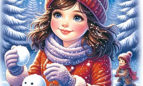 Clara, une fille de 11 ans, se tient au centre de la scène, avec des joues roses et des yeux pétillants de joie. Elle porte un manteau rouge vif, un bonnet en laine tricoté et des gants assortis, souriant largement, émerveillée par la neige qui tombe autour d'elle. Elle construit un bonhomme de neige, les mains pleines de neige, avec un éclat de magie dans le regard. À côté, son frère de 13 ans, Thomas, ramasse une boule de neige à lancer, avec un sourire malicieux et une écharpe bleue flottant au vent. La scène se déroule dans un jardin enneigé, avec des sapins majestueux en arrière-plan. Clara et Thomas s'amusent ensemble, entourés de neige, capturant l'esprit joyeux de cette journée d'hiver.