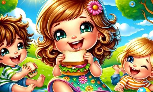 Léa, une petite fille de 2 ans aux grands yeux brillants et aux cheveux bouclés, porte une robe colorée à fleurs. Elle est assise sur l'herbe verte, souriante, tenant un sandwich. À côté d'elle, Max, un garçon de 3 ans aux cheveux blonds en bataille et en t-shirt rayé, rit en lançant un ballon coloré. Lila, une fille de 2 ans avec des cheveux bruns et une barrette, est allongée sur le dos, émerveillée par les nuages. Le parc est rempli de fleurs éclatantes, de grands arbres et d'un ciel bleu avec quelques nuages blancs. Les rayons du soleil illuminent la scène, créant une ambiance joyeuse. Léa et ses amis pique-niquent sur l'herbe, entourés de rires et de jeux, savourant leur repas tout en profitant de l'été.