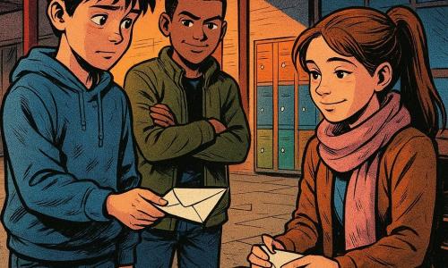 Trois enfants de 12 ans dans une cour d'école au crépuscule : Nolan, garçon aux cheveux bruns en bataille et yeux noisette, sweat bleu délavé et jean, à gauche, tient une petite enveloppe blanche qu'il tend timidement mais avec détermination vers Lila ; Sami, garçon aux cheveux noirs courts, veste kaki, se tient juste derrière et à droite de Nolan, bras croisés, sourire en coin, posture complice et protectrice ; Lila, fille aux longs cheveux châtains en queue de cheval, écharpe rose pâle, assise sur un banc à droite avec un livre fermé sur les genoux, sourit doucement en tenant l’enveloppe ouverte. Décor : cour d'école pavée de dalles grises, préau aux piliers rouges, boîte à messages décorée posée sur une table en bois près du banc, casiers colorés et grande fenêtre de couloir en arrière-plan, lumière orangée du soir projetant de longues ombres. Scène douce et respectueuse, style comics américain aux contours nets, couleurs saturées et texture papier visible sur l’enveloppe.