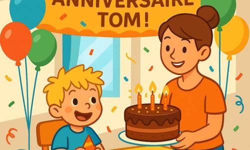Un petit garçon de 4 ans, aux cheveux blonds ébouriffés et au grand sourire, est assis à une table décorée de ballons colorés, tenant un chapeau de fête. Sa maman, souriante, se tient à côté de lui avec un énorme gâteau au chocolat décoré de bougies scintillantes. La salle de fête est lumineuse, remplie de ballons, de guirlandes et d'une affiche "Joyeux Anniversaire Tom !" Des confettis sont éparpillés sur la table. Tom est entouré de ses amis qui chantent "Joyeux Anniversaire" alors qu'il s'apprête à souffler ses bougies, le visage rayonnant de joie.