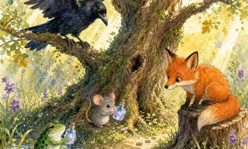 Un corbeau noir lustré perché sur une branche, une petite souris grise au pied du chêne, un renard roux accroupi près d'une souche et une grenouille verte tenant un flacon, autour d'un grand chêne ancien aux racines noueuses près de la Source des Rêves — une mare cristalline entourée d'herbes et de fleurs mauves — scène chaleureuse et pleine d'espoir aux tons aquarelle doux, lumière dorée filtrée et détails scintillants évoquant l'élixir destiné à sauver l'arbre.