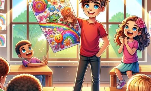 Lucas, un garçon de 12 ans aux cheveux bruns et aux yeux bleus, se tient sur une scène en bois avec un grand sourire. Il porte un t-shirt rouge vif et un jean, tenant un poster coloré de ses dessins. À ses côtés, Clara, sa voisine de 12 ans aux cheveux bouclés, l'encourage avec enthousiasme. Le décor est une salle de classe animée, décorée de guirlandes et de dessins, où des camarades admirent Lucas. La lumière du soleil crée une atmosphère chaleureuse. Lucas, confiant, partage fièrement ses créations artistiques, tandis que l'excitation règne.