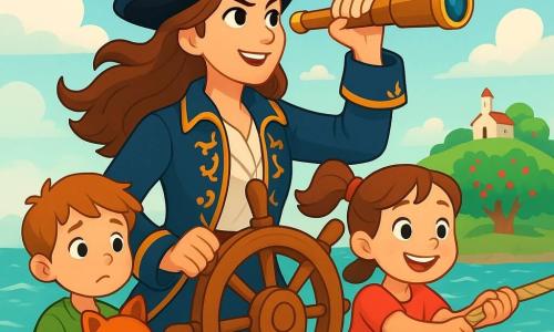La capitaine Mira, femme pirate déterminée aux longs cheveux ondulés, se tient à la barre du Vent d'Écume, portant un chapeau noir avec une plume rouge et une veste bleue brodée. À ses côtés, Lila, une fillette de 8 ans aux couettes et sourire malicieux, tire sur une corde avec joie, tandis que Nino, un garçon de 6 ans, serre une peluche en forme de renard, affichant une légère inquiétude mêlée de curiosité. Le Vent d'Écume navigue sur une mer calme, entourée de brume, avec des vagues scintillantes sous le soleil. En arrière-plan, une île verdoyante avec des pommiers chargés de fruits rouges et une chapelle blanche. Mira scrute l'horizon avec une longue-vue, tandis que l'équipage s'affaire autour d'elle, prêt pour une nouvelle aventure.