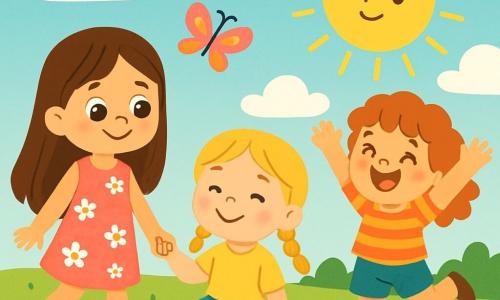 Il y a trois personnages : Zoé, une fille de 6 ans aux longs cheveux bruns, portant une robe rose avec des fleurs blanches et tenant la main de Mila ; Mila, une fille de 5 ans avec des cheveux blonds en tresses, souriante, portant un t-shirt jaune et une jupe bleue, assise dans l'herbe, les yeux fermés au soleil ; et Emma, une fille de 6 ans aux cheveux bouclés, en short vert et t-shirt à rayures, sautant joyeusement. Elles se trouvent dans un champ verdoyant, avec des fleurs colorées et un ciel bleu parsemé de nuages blancs. Les trois amies rient ensemble, entourées de la nature, sous l'observation douce de la Lune.