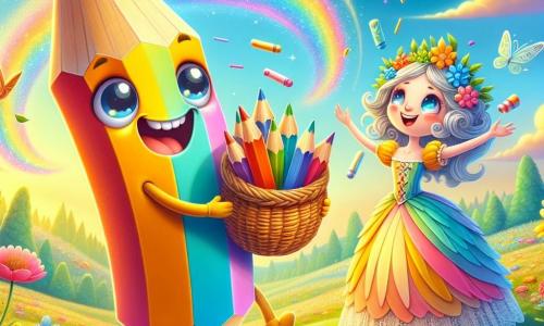 Un petit crayon joyeux nommé Cracrayon, avec des rayures de rouge, bleu et jaune, sourit en tenant un panier en osier rempli de cartes colorées. Ses yeux pétillent d'excitation, prêt à envoyer ses créations dans le vent magique. À ses côtés, Madame Canopapier, une maman avec une robe en papier pastel et des cheveux en forme de feuilles, le regarde avec tendresse, fière de lui. La scène se déroule dans le Champ des Brises Enchantées, un espace verdoyant parsemé de fleurs et de nuages dans un ciel bleu clair, baigné de lumière dorée. Cracrayon lance ses cartes dans les airs, les laissant s'envoler vers leurs destinataires, remplissant l'air de joie pour la fête des mères.