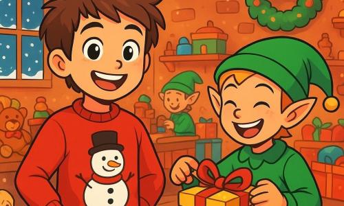 Lucas, un garçon de 10 ans aux cheveux bruns en bataille et aux yeux pétillants, porte un pull rouge avec un bonhomme de neige dans l'atelier du père Noël. Il est entouré de jouets colorés et sourit largement. À ses côtés, Félix, un petit elfe de 8 ans avec des oreilles pointues et un chapeau vert, emballe des cadeaux en riant. L'atelier est chaleureux, avec des murs en pain d'épices, des guirlandes scintillantes et des lutins s'activant autour de tables chargées de jouets. Lucas et Félix préparent les derniers cadeaux pour Noël, créant une atmosphère magique et joyeuse.
