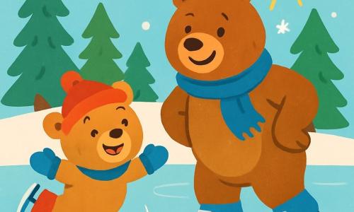 Petit Ours, un ours en peluche doux et rond, patine joyeusement sur une glace scintillante, souriant avec des yeux pétillants. Il porte un bonnet rouge et des gants bleus. Ours Champion, un grand ours musclé au pelage brun brillant, l'encourage avec un sourire bienveillant, portant un foulard bleu et des patins étincelants. La scène se déroule sur un lac gelé entouré de sapins et de flocons de neige, sous un ciel bleu clair. Petit Ours glisse avec enthousiasme, tandis qu'Ours Champion l'observe, prêt à lui donner des conseils.