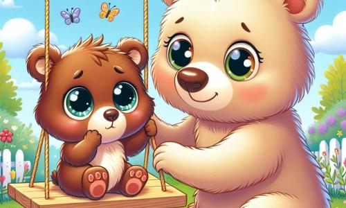 Un petit ourson brun aux grands yeux ronds et brillants, hésitant mais curieux, se tient sur une balançoire en bois, ses petites pattes touchant le siège. À côté, sa maman ourse douce et protectrice, au pelage crème, l'encourage en tenant fermement la balançoire. Le jardin est rempli de fleurs colorées et de papillons, sous un ciel bleu avec des nuages blancs. La balançoire est entourée d'herbe verte, créant une ambiance joyeuse. Le petit ourson, bien que nerveux, commence à sourire en découvrant le plaisir de se balancer, illustrant le thème de surmonter ses peurs.