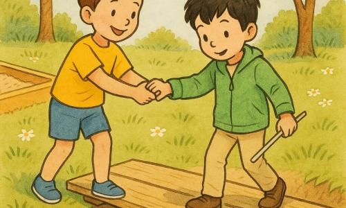 Léo, environ 6 ans, cheveux bruns courts, t-shirt jaune et short bleu, se tient à gauche du petit pont en bois en souriant et tend la main pour aider Sami ; Sami, aussi vers 6 ans, cheveux noirs en bataille, tient un petit bâton blanc dans la main droite, porte une veste verte claire et un pantalon beige et avance prudemment au milieu du pont en posant les pieds lentement pendant que Léo le soutient ; le décor est un petit parc ensoleillé avec herbe parsemée de pâquerettes, un bac à sable à gauche, un pont en planches au-dessus d’un fossé peu profond rempli de feuilles, arbres aux troncs fins et ciel bleu pâle ; ambiance douce et chaleureuse, gestes d’entraide, visages lumineux et contours nets adaptés aux enfants.