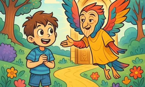 Un garçon de 10 ans, Léo, se tient au centre de l'image, avec des cheveux bruns en désordre et des yeux curieux. Il porte une chemise bleue à rayures et un short en jean, souriant en découvrant un monde magique. À ses côtés, le Gardien des Secrets, une créature mi-oiseau mi-homme, flotte légèrement, vêtu d'une tunique dorée, montrant le chemin à Léo avec un geste accueillant. Le décor est un royaume enchanteur, avec des arbres aux feuilles scintillantes, un chemin doré et un ciel bleu. En arrière-plan, une grande porte en bois sculpté symbolise l'entrée vers la Vérité. Léo, émerveillé, regarde la porte mystérieuse, tandis que le Gardien l'encourage à poser sa question. L'atmosphère est magique et pleine d'espoir, capturant une quête de sagesse et de découverte.