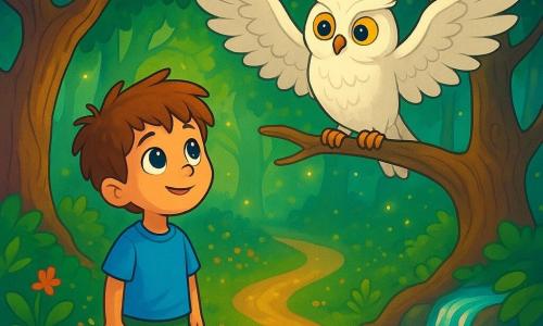 Un petit garçon de 8 ans, Léo, aux yeux brillants et aux cheveux châtains en bataille, se tient dans une forêt enchantée. Son visage exprime une curiosité émerveillée, avec un léger sourire. Il porte un t-shirt bleu et un short vert, regardant avec fascination un vieux hibou blanc perché sur une branche. Le hibou, avec ses grandes ailes et ses yeux sages, semble le contempler avec bienveillance. La forêt est baignée d'une lumière douce, avec des arbres noueux et des fleurs colorées. Des lucioles dansent autour d'eux, créant une ambiance magique. Léo se tient devant le hibou, qui lui montre trois sentiers mystérieux, chacun avec une atmosphère unique : l'un embaume la fleur d'oranger, l'autre scintille de lucioles, et le dernier résonne du murmure d'une cascade.