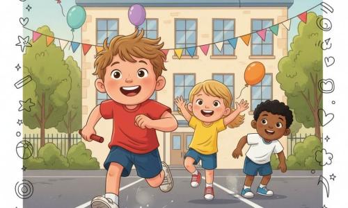 Scène de relais en cour d'école : un garçon de 6 ans au visage rond et cheveux châtain clair court, souriant et tenant un petit témoin rouge ; Sarah, blonde en queue de cheval, vient de lui passer le témoin ; Lila, 6 ans aux boucles brunes, applaudit derrière la ligne ; Hugo, 6 ans aux cheveux noirs, attend plus loin penché en avant. Sol goudronné peint de lignes blanches, drapeaux et ballons, arbres et bâtiment crème en arrière-plan ; lumière douce de fin de matinée, mouvements dynamiques, poussière sous les baskets, couleurs saturées et doodles (étoiles, lignes de vitesse, cœurs) pour accentuer l'énergie.