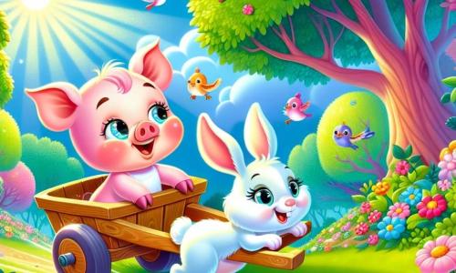 Un petit cochon rose, souriant et malicieux, est assis dans une brouette en bois qu'il pousse avec enthousiasme. À côté, un lapin aux grandes oreilles blanches s'accroche à la brouette, prêt à avancer. La scène se déroule dans une forêt enchantée, avec des arbres verts, des fleurs colorées et un ciel bleu. Des oiseaux chantent, ajoutant de la magie à l'ambiance. Le cochon et le lapin s'apprêtent à faire la course dans la brouette, entourés d'animaux qui les encouragent.