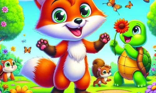 Un renard joyeux nommé Renardo, avec un pelage orange vif, se tient au centre d'un jardin coloré, souriant et levant les pattes, prêt à montrer ses trésors. À sa droite, une tortue nommée Tilly admire une belle fleur, son expression pleine de fierté. À sa gauche, un écureuil espiègle nommé Sacha saute de joie en tenant une noisette brillante. Le jardin est rempli de fleurs éclatantes, d'arbres verdoyants et de papillons. Au fond, un ciel bleu clair est parsemé de nuages blancs. La scène représente une chasse au trésor joyeuse où Renardo et ses amis découvrent des merveilles de la nature, riant et s'amusant ensemble.