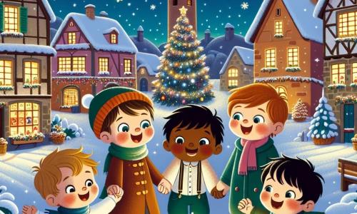 Dans un village enneigé, quatre garçons se tiennent la main en cercle, illuminés par la magie de Noël. Lucas, 8 ans, sourit avec émerveillement. Max, 7 ans, pointe une étoile filante. Tom, 9 ans, observe un petit elfe lumineux qui danse autour d'eux, tandis qu'Hugo, 8 ans, rit en écoutant l'elfe. Le décor est féerique avec de la neige scintillante, des maisons ornées de guirlandes lumineuses, et un grand sapin de Noël décoré. Les enfants sont émerveillés par l'elfe qui leur parle de la magie de Noël, centrée sur le partage et l'amour, entourés de cadeaux et de décorations, prêts pour une aventure sous le ciel étoilé.