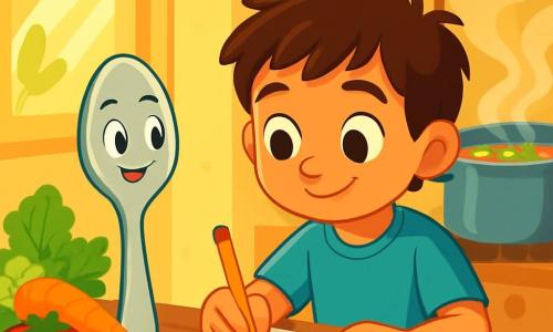 Une petite cuillère nommée Lila, joyeuse et curieuse, se trouve sur une table en bois entourée de légumes colorés et d'épices. À côté, un garçon nommé Samir, avec des cheveux bruns en désordre et un t-shirt bleu, écrit sur le Ramadan, concentré et souriant. La scène se déroule dans une cuisine chaleureuse aux murs jaunes, avec une grande marmite fumante sur le feu. Lila aide Samir à exprimer ses émotions, créant un moment de joie et de créativité.