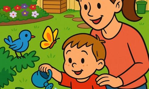 Un garçon de 2 ans arrose une plante avec un petit arrosoir bleu tandis que sa mère, la main sur son épaule, le regarde; un papillon vole au‑dessus de la plante, un oiseau bleu est posé sur un buisson, et le jardin lumineux présente une pelouse, des massifs de fleurs, un petit bac à compost et un chemin de dalles menant à une poubelle verte.
