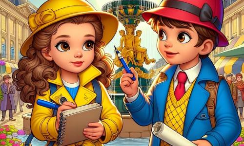 Lila, une jeune détective aux cheveux bruns et bouclés, porte un trench-coat jaune vif et un chapeau de détective. Elle est déterminée, tenant un carnet et un stylo, prête à résoudre le mystère de la statue disparue. À ses côtés, Tom, un garçon de 8 ans avec un chapeau rouge vif, regarde la scène avec curiosité et pointe la direction où il a vu un homme mystérieux. En arrière-plan, la fontaine de Clairdelune est entourée de fleurs et d'habitants curieux. La statue en or disparue est représentée sur un piédestal vide, ajoutant au mystère. Lila et Tom discutent intensément, cherchant des indices pour retrouver la statue volée, tandis que le soleil brille au-dessus d'eux.