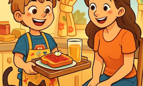 Un garçon de 10 ans, Sacha, avec des cheveux châtain clair en bataille et un grand sourire, se tient debout dans une cuisine ensoleillée. Il porte un t-shirt bleu avec des motifs de super-héros et un tablier coloré plein de taches de confiture. Ses yeux brillent d'excitation alors qu'il présente un plateau de petit-déjeuner. À ses côtés, sa maman, Florence, une femme d'environ 35 ans, sourit tendrement, émerveillée par la surprise de son fils. Le chat noir aux yeux verts se faufile autour de Sacha, curieux. La cuisine est lumineuse avec des murs jaunes et un plan de travail rempli d'ingrédients colorés. Sacha, fier, offre le plateau à sa maman, créant un moment de bonheur partagé.