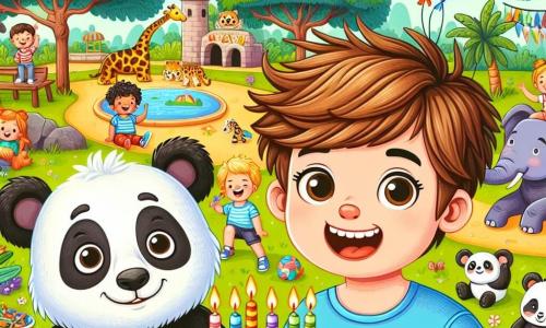 Dans un zoo animé, deux garçons joyeux, Léo et Max, célèbrent leur anniversaire. Léo, 4 ans, avec des cheveux bruns et un t-shirt bleu, tient un paquet de bonbons en forme d'animaux. Max, également 4 ans, avec des cheveux blonds et un t-shirt rouge, montre un gâteau avec des bougies sur une table décorée de ballons. Le zoo regorge d'animaux exotiques et d'enfants jouant sur une aire de jeux colorée. Léo et Max, entourés de rires, sont prêts à souffler les bougies de leur gâteau, célébrant leur amitié et leur bonheur.