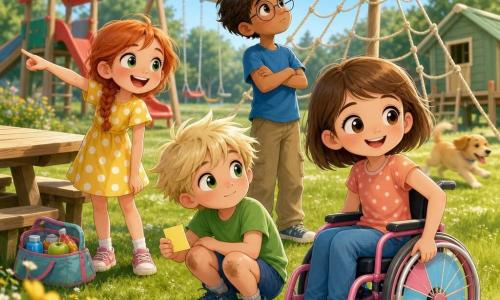 Quatre enfants dans une plaine de jeux ensoleillée : Jade, 9 ans, peau claire, cheveux bruns courts, en fauteuil roulant rose et bleu au premier plan à droite, souriante, main sur la roue ; Tom, 10 ans, cheveux blonds en bataille, t-shirt vert, genoux légèrement sales, accroupi centre-gauche, tenant un post-it jaune ; Lila, 8 ans, cheveux roux en tresse, robe jaune à pois blancs, debout à gauche, riant et pointant vers la table de pique-nique avec son sac à goûter ouvert ; Sam, 10 ans, peau mate, lunettes rondes, t-shirt bleu et pantalon kaki, debout derrière Tom, bras croisés, regardant le filet d’escalade. Grande aire de jeux avec pelouse verte, toboggan rouge, balançoires en bois, grand filet d’escalade beige et petite cabane verte en arrière-plan, table de pique-nique au centre avec un sac à goûter, quelques fleurs sauvages jaunes et un chien courant flouté. Les enfants font une chasse au trésor en examinant des indices (post-its jaunes) autour de la table et du filet, expressions d’excitation et de concentration, atmosphère lumineuse aux couleurs saturées et ombres douces, composition diagonale focalisée sur le post-it de Tom, style chibi kawaii aux proportions rondes et palette pastel vive.