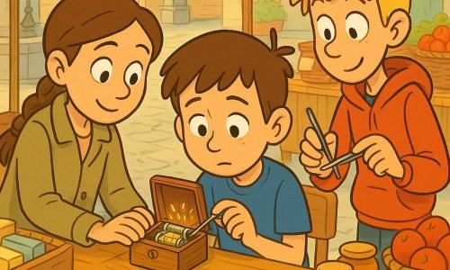 Trois enfants de 12 ans réunis autour d'une table sur un marché matinal : Noé, châtain aux traits timides, en t‑shirt bleu, tient une petite boîte à musique en bois ouverte montrant des engrenages brillants; à sa gauche Inès, brune en tresse et veste kaki claire, stabilise délicatement la boîte; à sa droite Jules, grand et blond en sweat rouge, tient un mini tournevis et une pince à épiler pour retirer un fil coincé; étals en bois et parasols rayés, paniers de pommes et pots de miel en arrière‑plan, pavés légèrement mouillés près d'une fontaine, lumière chaude et ambiance tendre et concentrée.