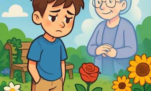 Lucas, un garçon de 12 ans aux cheveux bruns en bataille et aux yeux tristes, se tient dans un jardin fleuri, portant un t-shirt bleu et un short beige, les mains dans les poches, regardant une rose rouge qu'il vient de planter. Sa grand-mère, Mamy Rose, une femme âgée aux cheveux argentés et au sourire doux, l'observe tendrement. Le jardin est rempli de fleurs colorées sous un ciel bleu clair. Lucas, avec une expression mélancolique mais déterminée, se souvient des moments passés avec sa grand-mère, ressentant la douleur de sa perte et la chaleur de son amour.