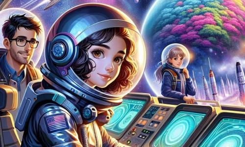 Lila, astronaute aux cheveux bruns et bouclés, porte une combinaison spatiale brillante. Son visage exprime émerveillement et détermination en observant une planète colorée à travers le hublot. À ses côtés, Max, 25 ans, avec des lunettes et des cheveux noirs en bataille, est concentré sur un écran, souriant, tandis qu'Elara, 23 ans, aux cheveux blonds et longs, examine des échantillons de sol extraterrestre avec curiosité. Le vaisseau Explorer X flotte dans l'espace, entouré d'étoiles et de nébuleuses. En arrière-plan, la planète Kylara, avec ses montagnes et forêts, apparaît comme un joyau. Lila et son équipe se préparent à descendre sur Kylara, pleins d'excitation et d'anticipation.