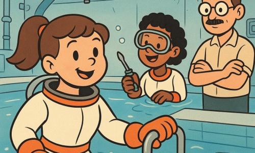 Mina, astronaute en formation au visage rond et queue de cheval, souriante mais concentrée dans une combinaison blanche à bordures orange, flotte dans un grand bassin d’entraînement en tenant une poignée métallique ; derrière elle, Leïla, coéquipière d’environ 28 ans aux cheveux courts bouclés et masque de plongée, lui tend un tournevis flottant, tandis que Paul, instructeur d’environ 45 ans à la moustache fine et lunettes rondes, observe au bord de la piscine les bras croisés ; décor intérieur aux parois blanches et éclairage bleu doux, petite structure métallique suspendue au-dessus de l’eau, bulles remontant à la surface, reflets scintillants sur la combinaison, vagues calmes et textures pastel, ambiance d’entraînement en apesanteur simulée, coopérative et sûre, gestes lents et expressions mêlant émerveillement et sérieux.