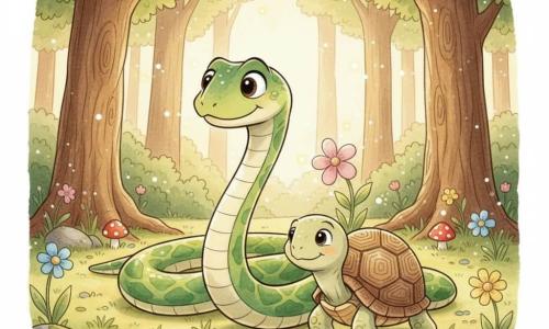 Un long serpent mince aux écailles vertes brillantes et reflets jaunes, au visage joyeux et curieux, ondule doucement à côté de Tilly, une petite tortue à carapace ronde décorée de motifs bruns et beige, sereine et légèrement fière; ils avancent côte à côte dans une clairière baignée d'une lumière douce, rayons dorés filtrant entre de grands arbres, fleurs colorées et petits champignons rouges à pois blancs, le serpent effleurant l'herbe tandis que Tilly pose une patte sur une pierre mousseuse, explorant ensemble et découvrant une fleur brillante.