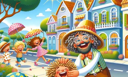 Super-Papou est un homme joyeux avec une cape bleue et un grand sourire. Il chatouille Boulette, un garçon au gros chapeau, allongé sur le sol en riant. Zouzou la Zoubida, avec un parapluie à pois colorés, rit à ses côtés, les bras levés. Pépé Patafix, avec des lunettes rondes, est en retrait, riant tout en essayant de se libérer de ses doigts collés. La scène se déroule dans une rue ensoleillée avec des maisons colorées et des arbres verdoyants, créant une atmosphère de fête et de bonheur.