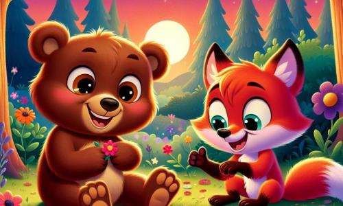 Petit ours Bruno, un ours brun aux grands yeux ronds et au sourire joyeux, est assis près d'un ruisseau scintillant, les pattes dans l'eau, riant avec bonheur. À côté de lui, Léon, le renard rusé au pelage orange vif et à la queue touffue, sourit en jouant avec une jolie fleur rouge, les yeux pétillants d'amitié. Ils se trouvent dans une forêt enchantée, avec de grands arbres, des fleurs colorées sur le sol verdoyant, et un ciel crépusculaire teinté d'orange et de rose, illuminé par des étoiles. Bruno et Léon partagent un moment de complicité au bord du ruisseau, écoutant le doux murmure de l'eau tout en célébrant leur amitié.